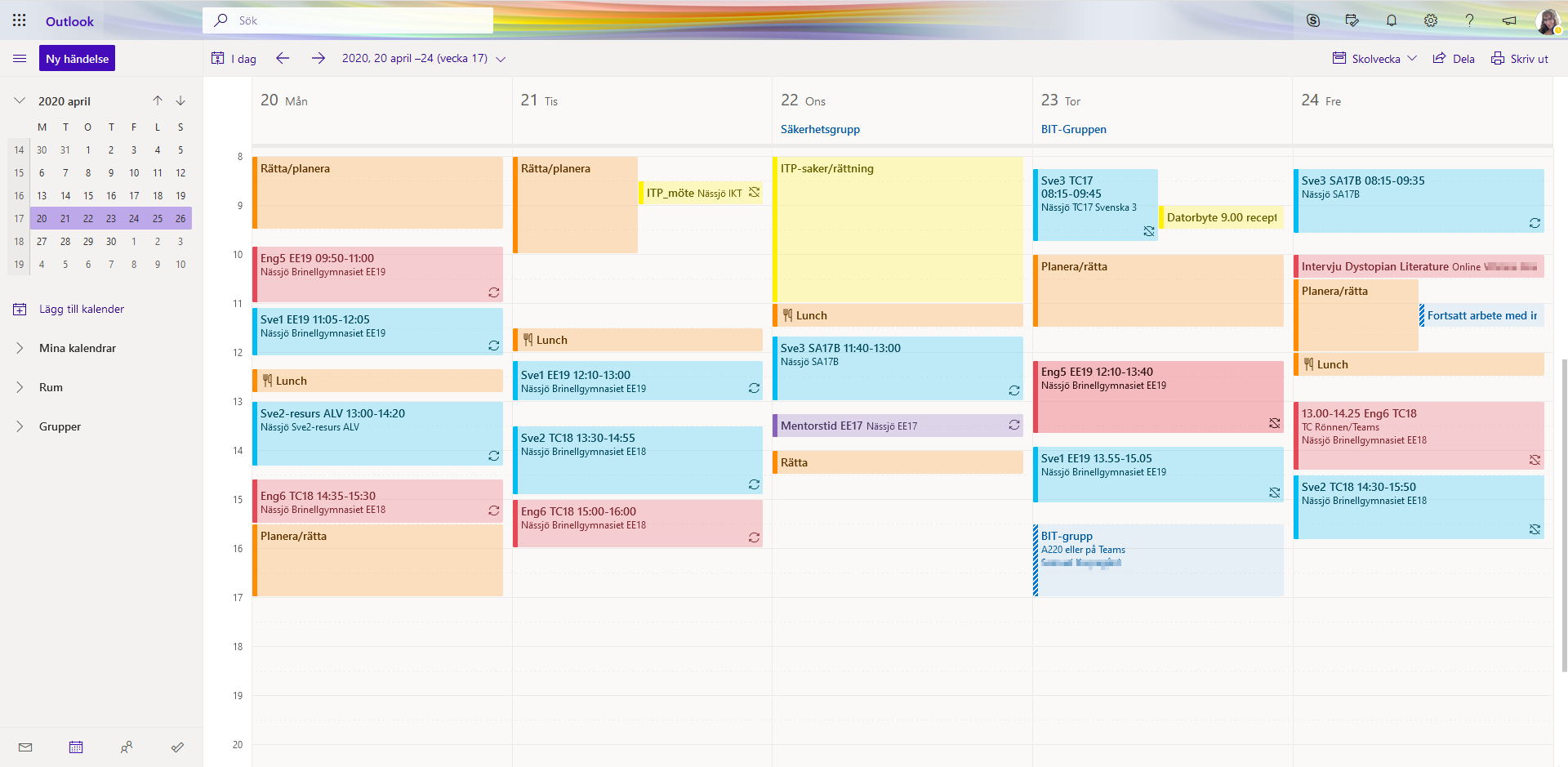 Calendar sample of my work week during spring 2020 as seen from the webversion of Office 365