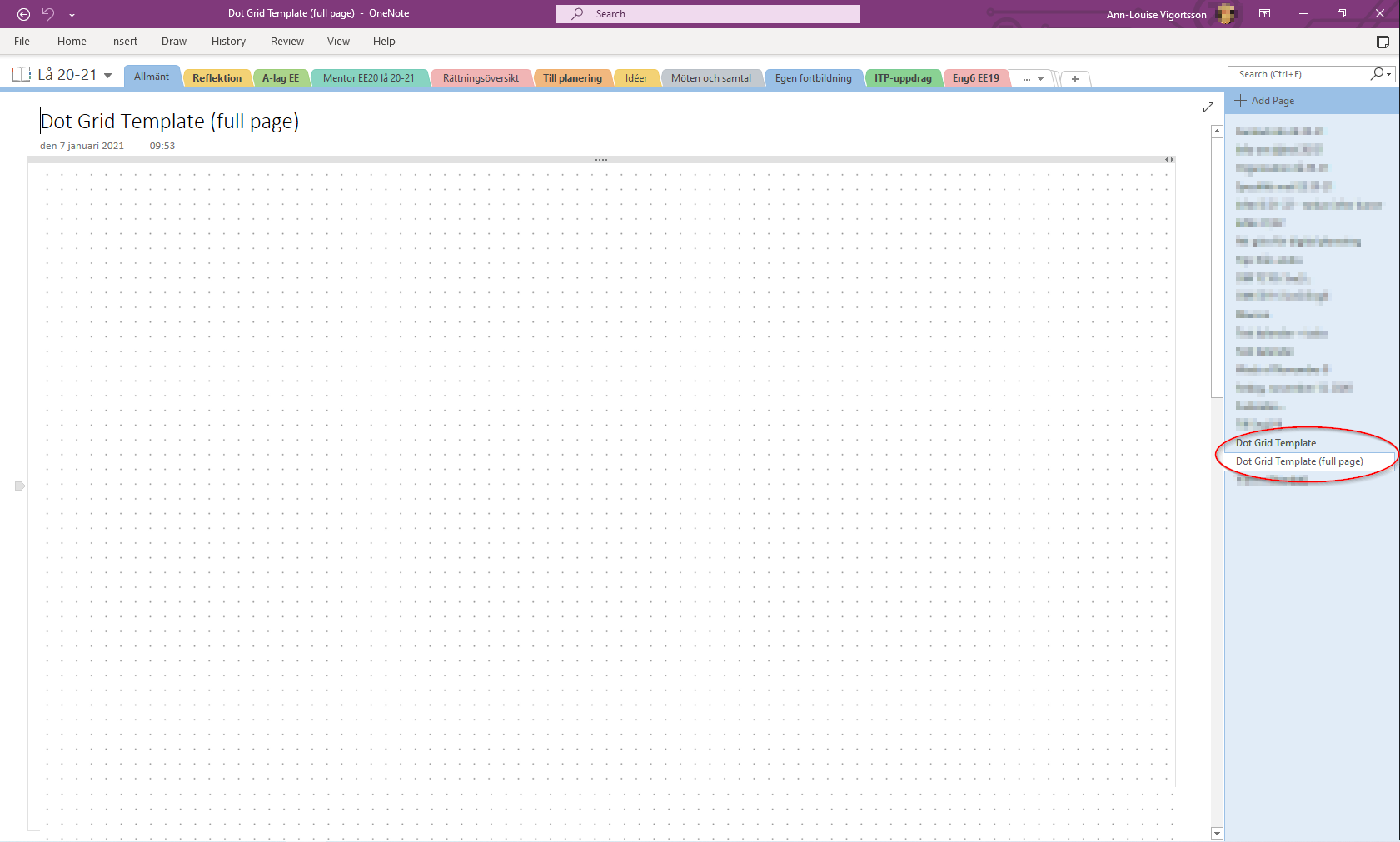Picture showing an example of dot grid paper used in OneNote 2016.