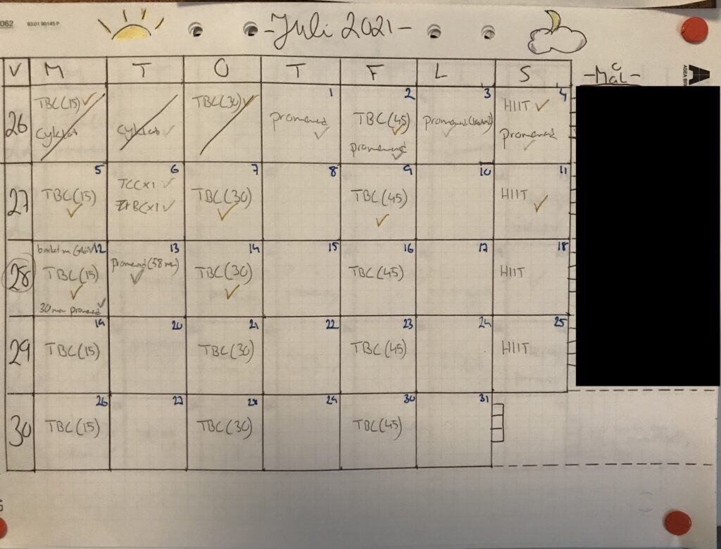 Hand-drawn calendar on graph paper to track activity for a month.