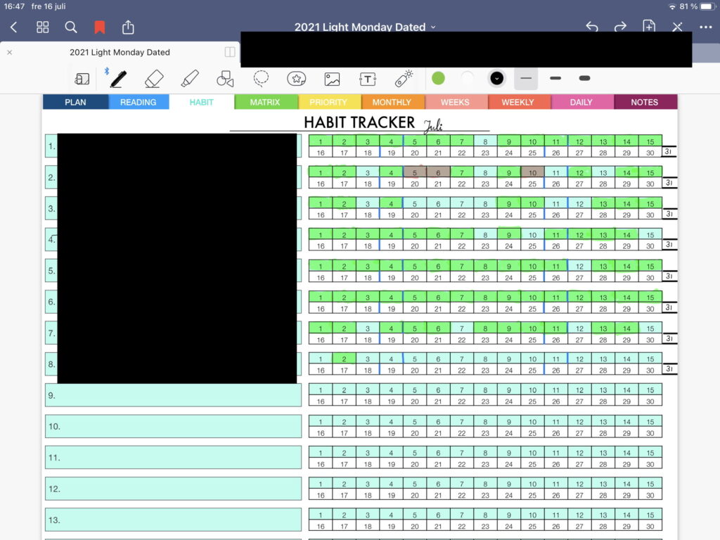 Example showing a digital habit tracker using the Personal Digital Planner by Boss Planner. The app used is GoodNotes.  