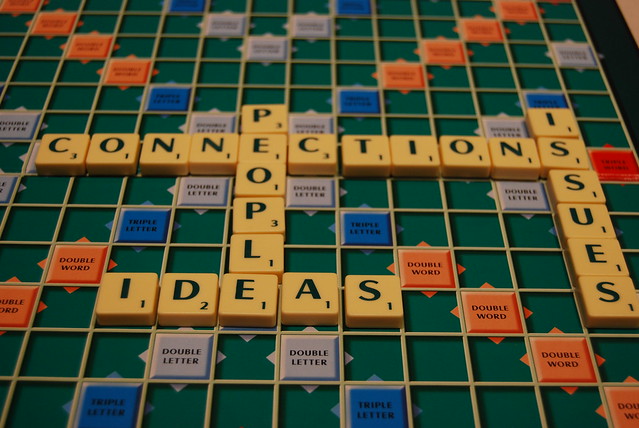 A picture showing a game of Scrabble and the words connections, people, issues, ideas