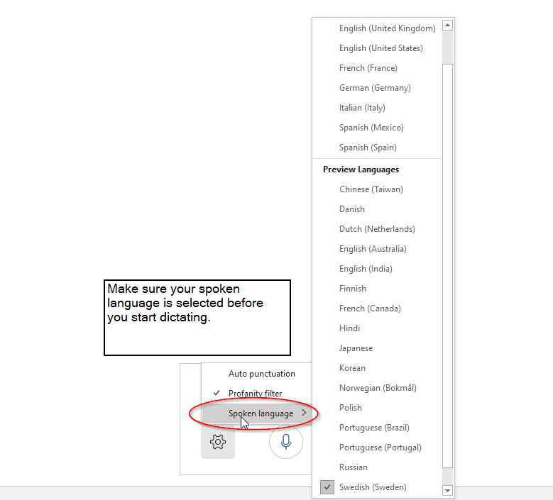 Screenshot of where you find the settings for spoken language for dictation in Microsoft Word.