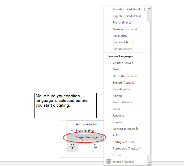 Screenshot of where you find the settings for spoken language for dictation in Microsoft Word.