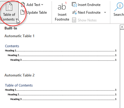 Menu to insert table of contents.