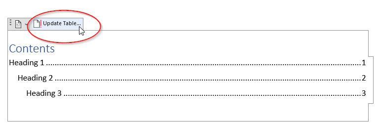 Option to update table of contents.