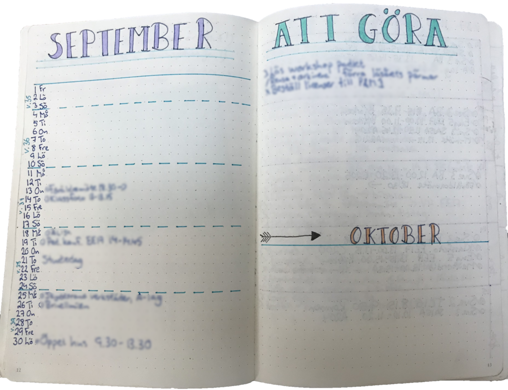 Image of a monthly spread in a journal