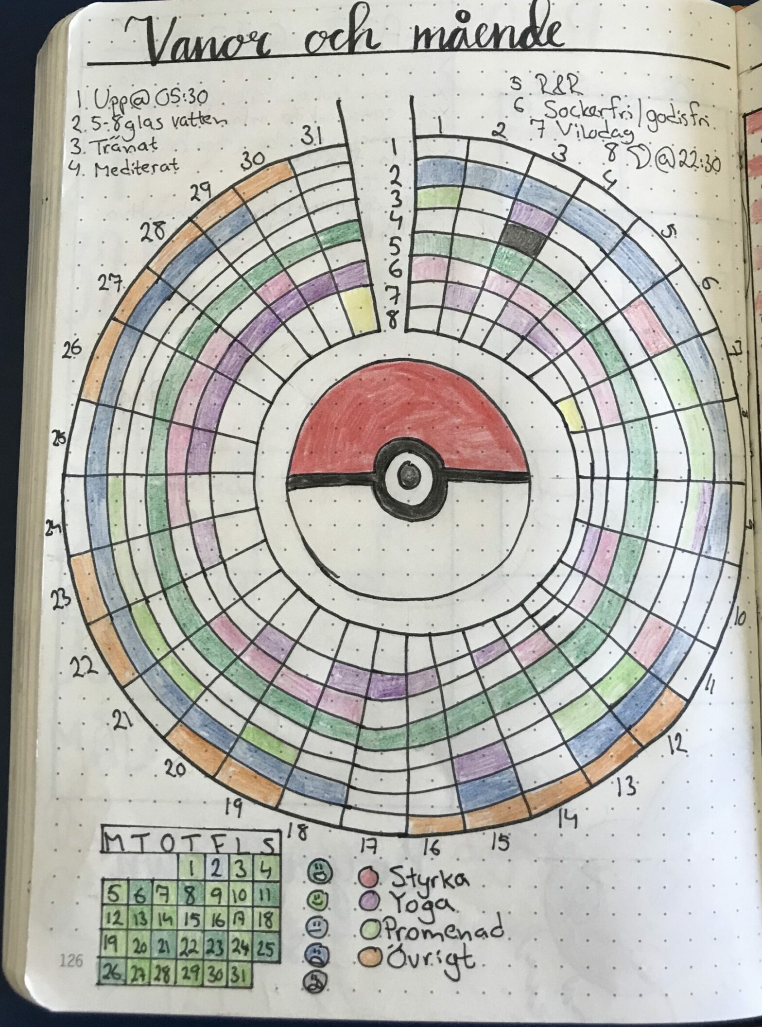 An example of a circular monthly Habit tracker in a Rhodia notebook