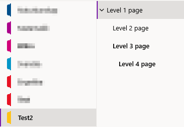 Image showing subpages in OneNote for Windows 10