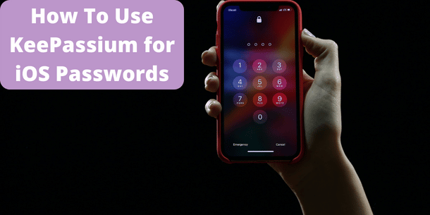 Image showing a hand holding a phone showing a pin lock. There is also a headline reading How to Use KeePassium for iOS Passwords displayed.