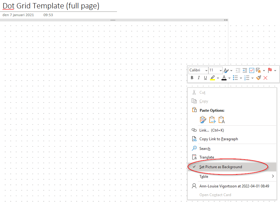 Image showing how to set picture as background in OneNote