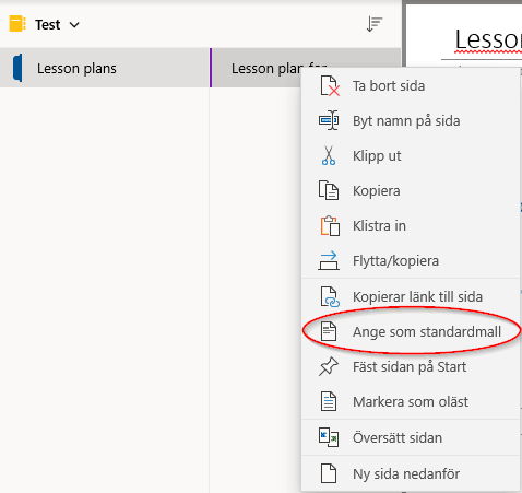 Image showing how to set a page as template in OneNote for Windows 10