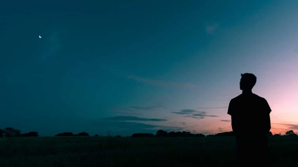 Image showing a black profile of a male looking at the twilight sky.