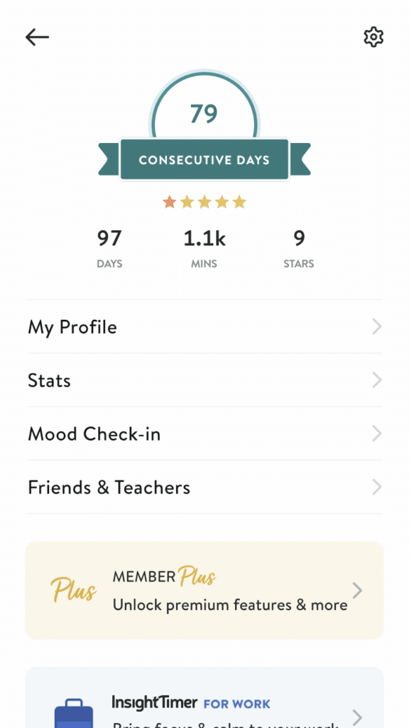 Picture showing consecutive days and stats inside the app Insight Timer