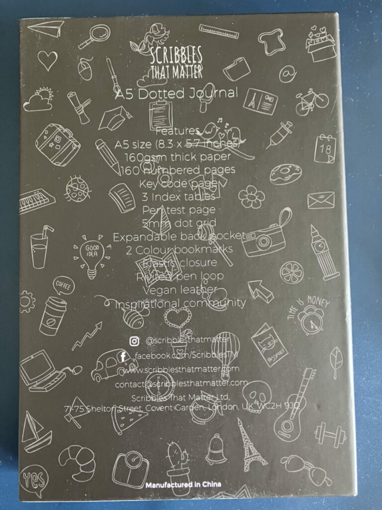 Back side of packaging for a Scribbles That Matter notebook