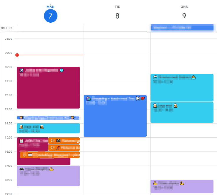 Example of calendar blocking in Google Calendar, showing different colors for the different blocks.
