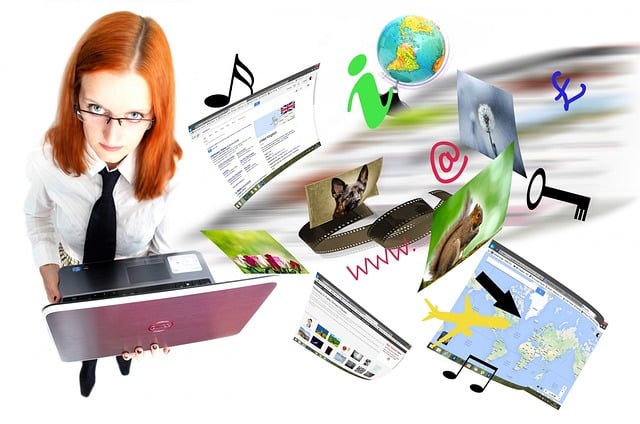 Woman holding a laptop. Images to the right of things a laptop can be used for.