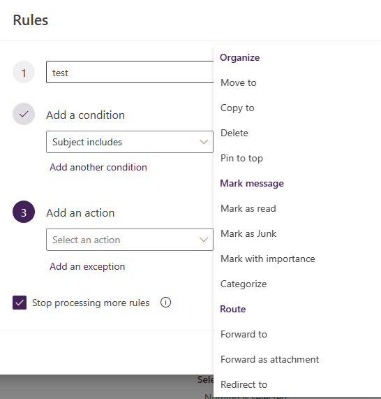 Image showing examples of actions you can use when creating e-mail rules in Outlook on the web.