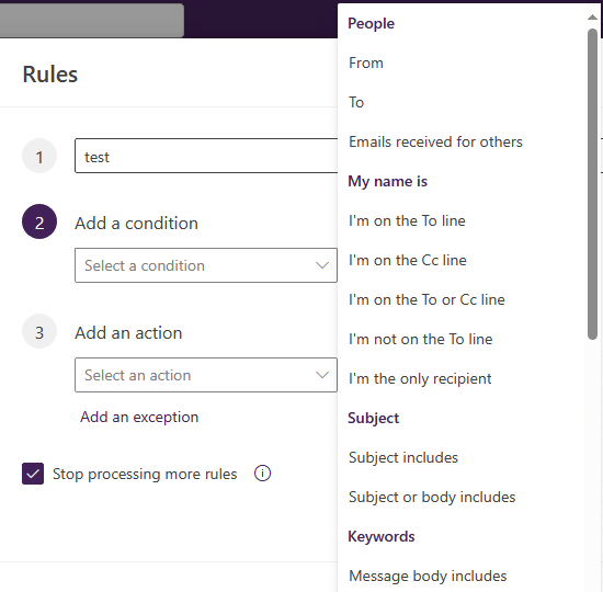 Image showing fields for choosing actions when creating an e-mail rule in Outlook on the web.