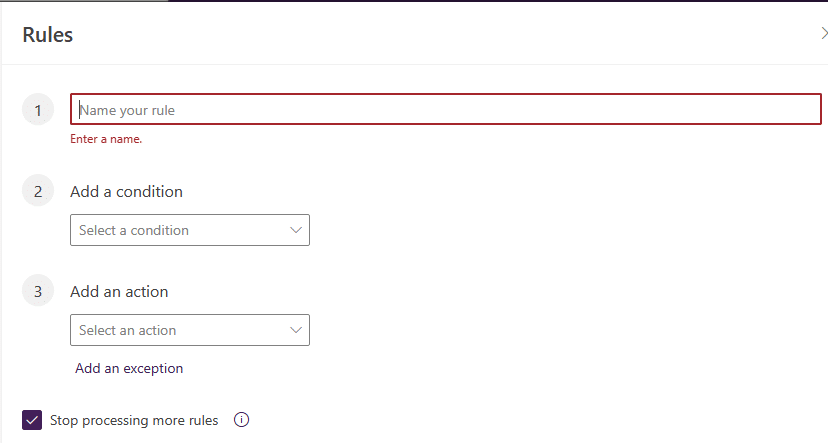 Image showing the fields when creating a rule in Outlook on the web.