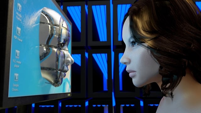 A female mannequin is looking at a computer screen. An AI face looks back coming out of the screen.