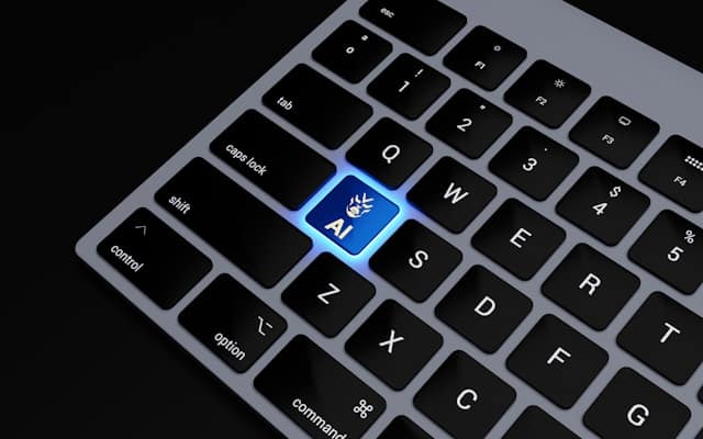 A close-up of a keyboard with a blue AI key.