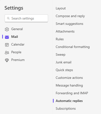 Image showing where you find the setting for Automatic Replies in Outlook on the web