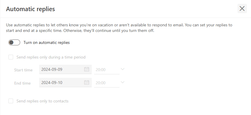Setting for automatic replies in Outlook Web Application