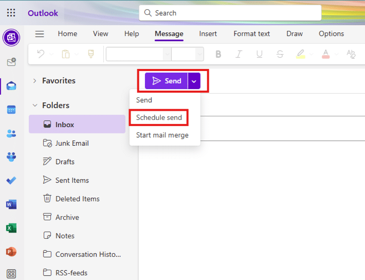 Image showing the schedule send option in the Outlook Web Application
