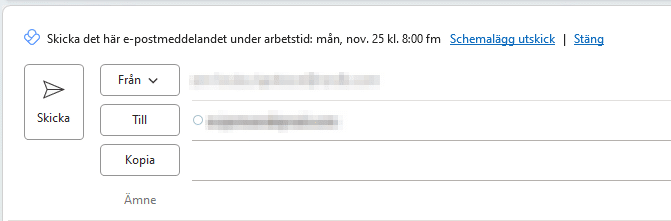 Image showing how to schedule an e-mail in Outlook based on work hours.