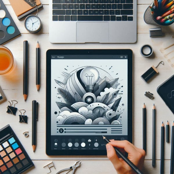 Person holding a pencil above an iPad