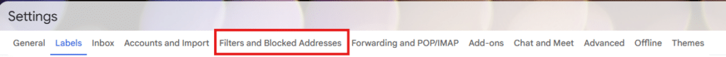 Image showing where to find the setting for filters and blocked addresses in Gmail