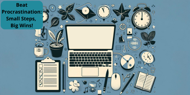 Image of a computer, clocks, checklists and the text beat procrastination