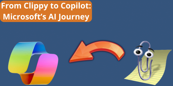 Image showing Clippy and the Copilot logo. The text "From Clippy to Copilot: Microsoft's AI Journey" is shown in the top left corner.